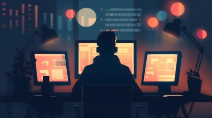 A person watching TV surrounded by a montage of people working together, with elements of business, technology, and digital communication