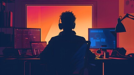 Silhouette of a man in business attire sitting in a city at night, with a focus on fashion and office setting