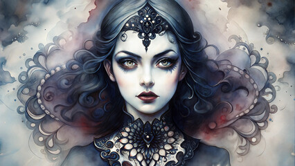 Mysterious woman with dark elegant makeup and intricate jewelry in artistic watercolor style