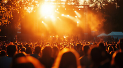 Crowd enjoying a lively outdoor concert at sunset in a vibrant music festival environment