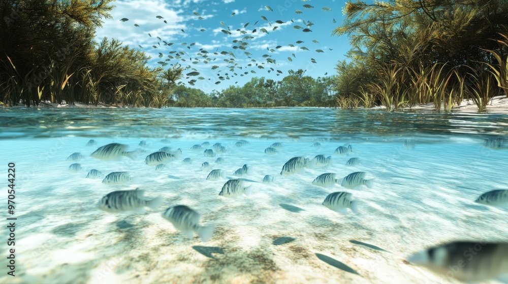 Poster image showing a school of fish navigating through a shallow lagoon