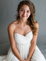 Naklejka premium A young woman in a strapless white dress smiles warmly, captured in a portrait setting.