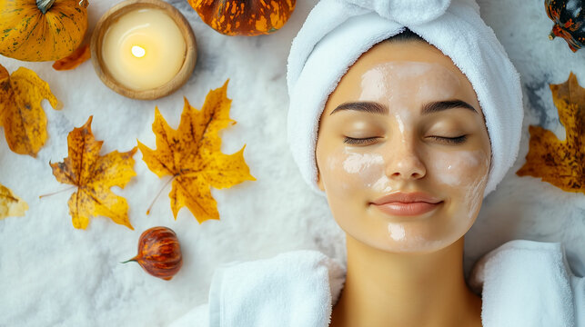 Relaxing autumn spa treatment with a woman enjoying facial in a cozy setting