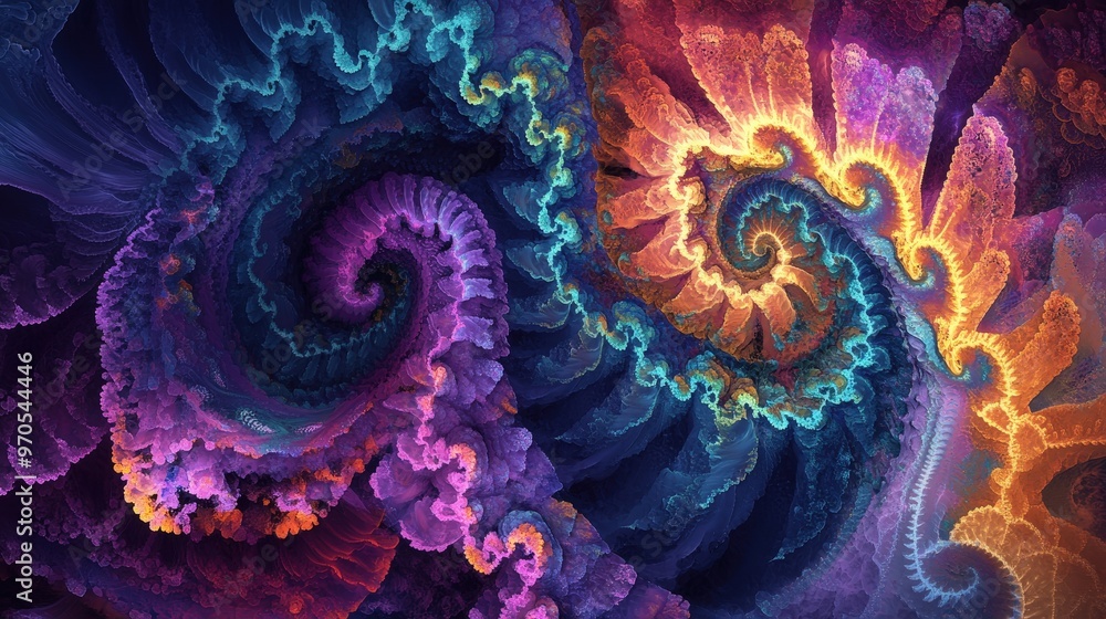 Poster digital fractals: craft an abstract background featuring intricate digital fractal patterns, with co