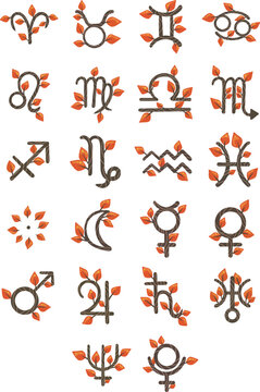 Astrological symbols with orange color autumn leaves design for decoration on sign of zodiac and galaxy concept.