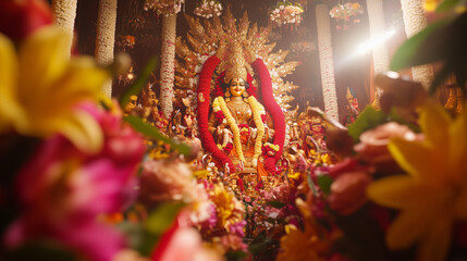 The festive atmosphere of Durga Puja during the day, the magnificent statue of Goddess Durga is surrounded by flower ornaments, red and gold colors dominate, devotees happily give offerings, Ai genera