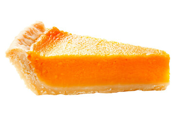 Closeup of pumpkin pie slice with sprinkle of cinnamon on top isolated on white background, showcasing a Halloween dessert concept