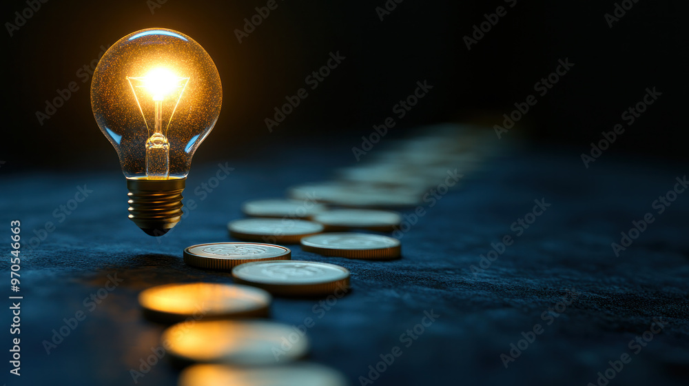Poster a light bulb is lit up and surrounded by a row of coins. concept of a path or journey, with the ligh