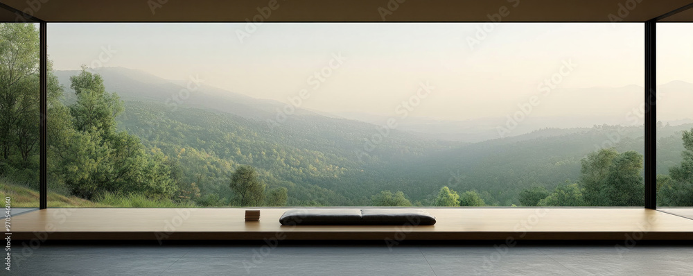 Poster a wooden bench is in front of a window overlooking a mountain. the view is serene and peaceful, with