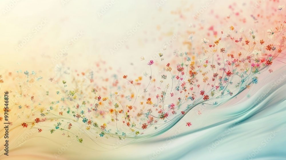 Poster beautiful swirling lines of tiny colorful flowers, flowing gracefully on a dynamic soft pastel backg
