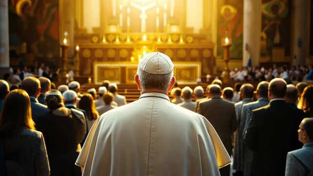 ope addressing crowd in majestic cathedral, Catholic leader in white robes facing congregation, spiritual gathering illuminated by golden light streaming through stained glass windows