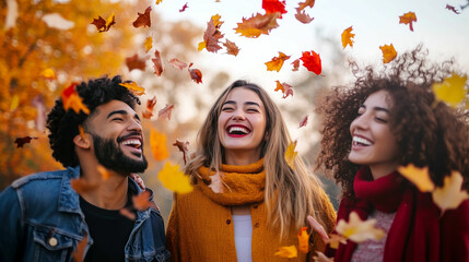 Obraz premium Friends joyfully celebrating autumn by playing with falling leaves in a park during sunset