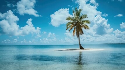 coconut tree on a small tropical island, with its fronds gently swaying in the breeze
