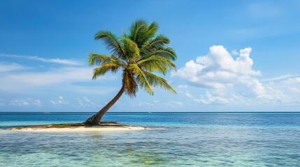 coconut tree on a small tropical island, with its fronds gently swaying in the breeze