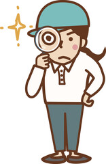 虫眼鏡を持つ、帽子をかぶった作業員の女性。