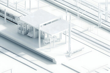 3D Isometric Rendering of Minimalist White Rail Platform Scene