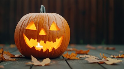 Obraz premium A cheerful Halloween pumpkin with a glowing smile, set among fallen leaves on a wooden surface. Perfect for autumn celebration themes.