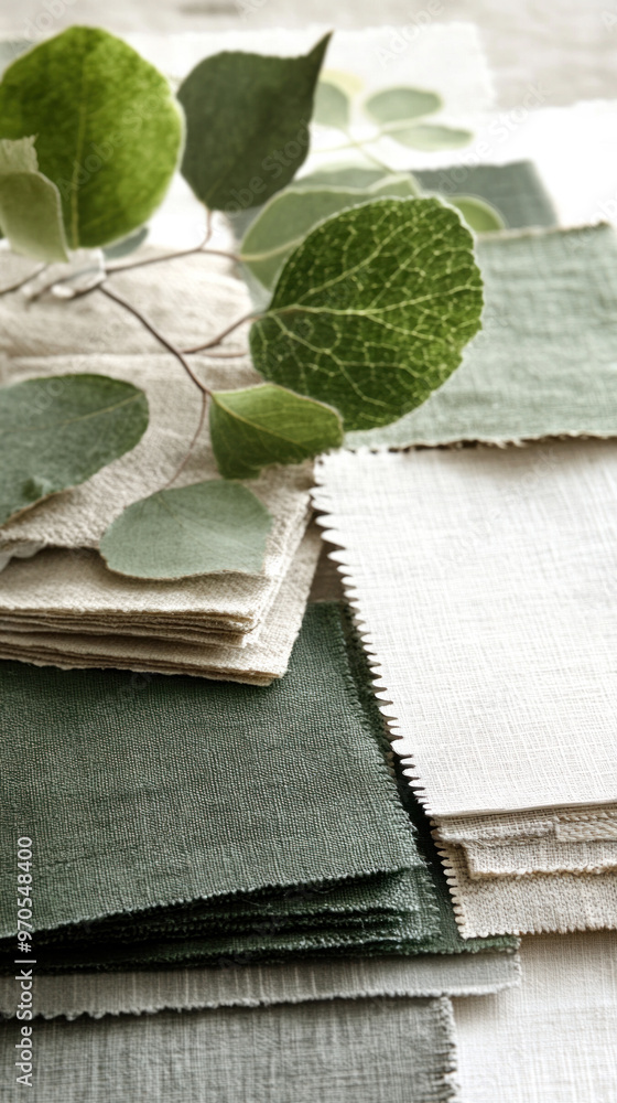 Poster a stack of different colored fabric with a green leaf on top. the idea behind this image is to showc