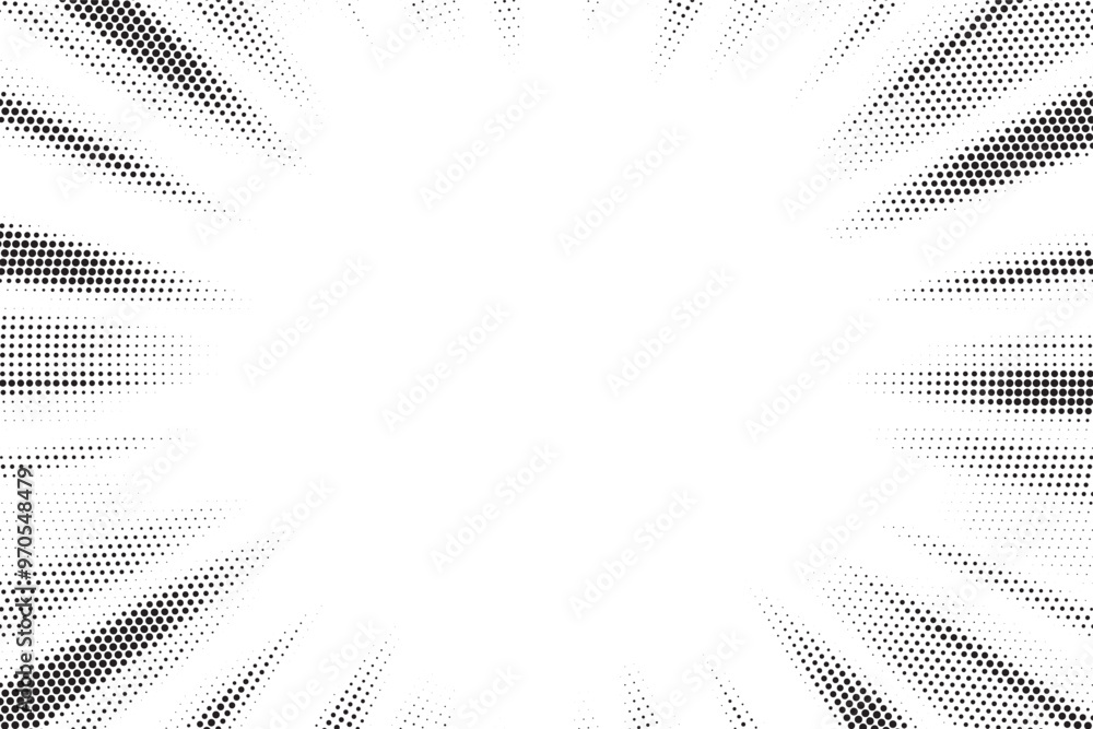 Poster Halftone gradient sun rays pattern. abstract halftone vector dots background. monochrome dots pattern. pop art, comic small dots. star rays halftone poster. shine, explosion. sunrise rays background.