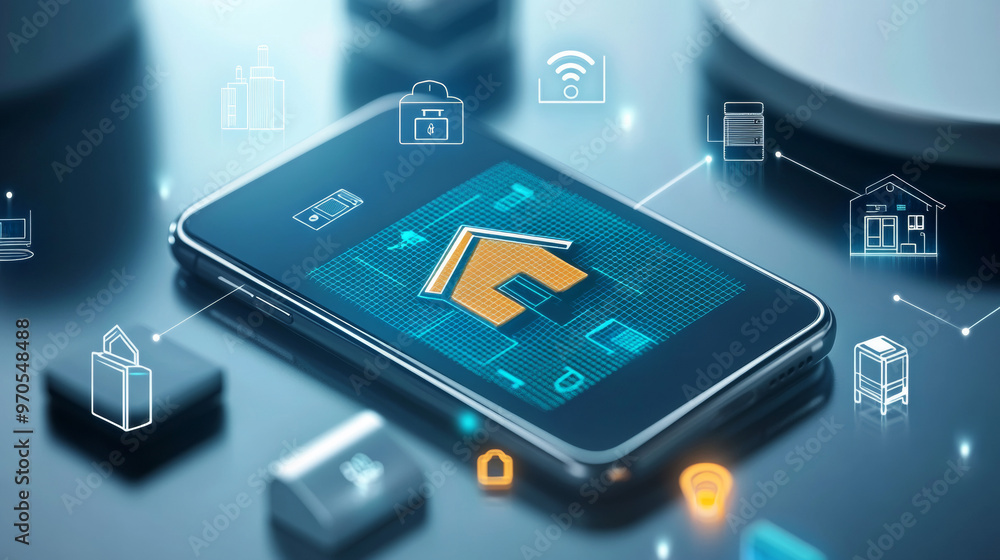 Poster a smartphone with a smart home logo stands among icons representing connected devices. it wirelessly