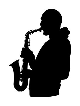 recommend clip art: Saxophone player vector silhouette illustration. Music man play wind instrument. Music artist. Jazz man. Bugler street performer. Musician play trumpet. Entertainment for public. Classic music event.
