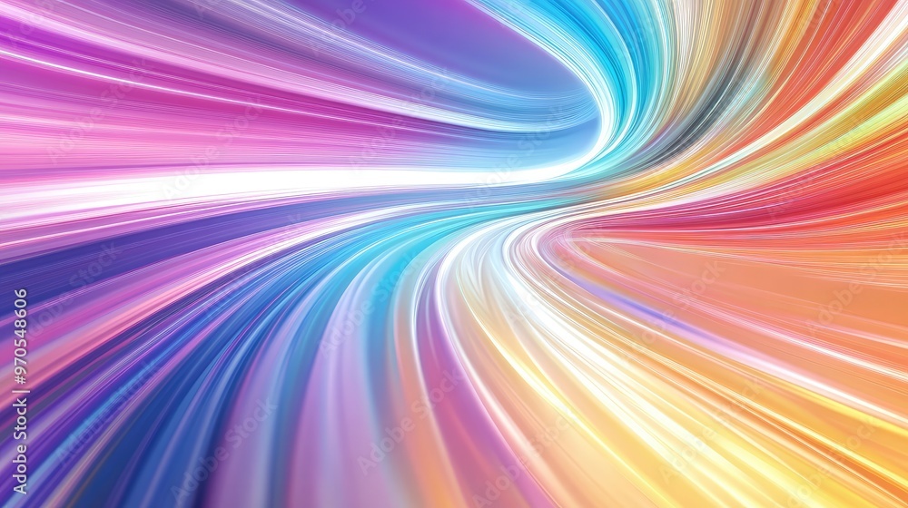 Poster beautiful swirling rainbow color lines moving across a pastel background, creating a dynamic and col