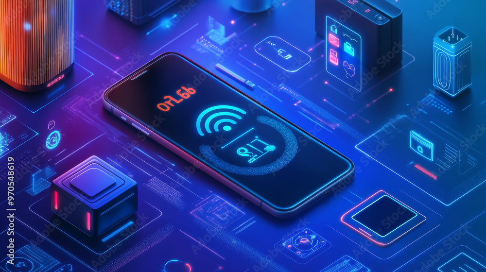 Poster a smartphone with a smart home logo stands among icons representing connected devices. it wirelessly