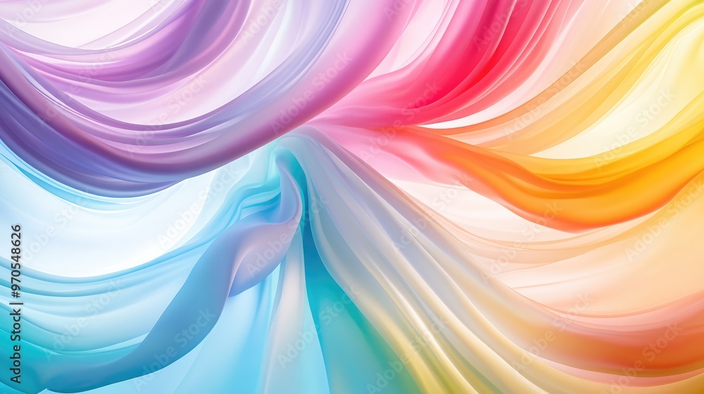 Poster beautiful swirling rainbow color lines moving across a pastel background, creating a dynamic and col