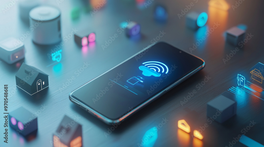 Poster a smartphone with a smart home logo stands among icons representing connected devices. it wirelessly