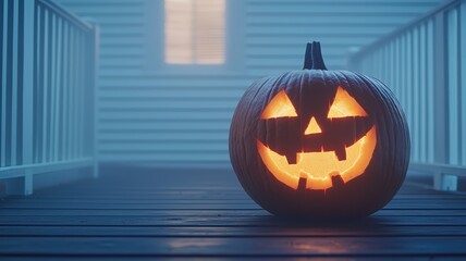 Obraz premium A glowing Jack-o'-lantern illuminates a misty porch, perfect for Halloween ambiance and seasonal celebrations.