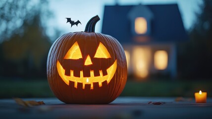 Fototapeta premium A glowing Halloween pumpkin with a spooky face sits in front of a house, creating a festive atmosphere during the autumn season.