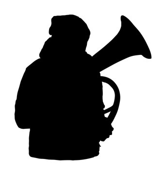 recommend clip art: Boy tenor horn player vector silhouette. Music man play wind instrument. Music artist. Jazz man saxhorn. Bugler street performer. Musician trumpet. Male entertainment for public. Classic music event.