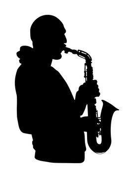 recommend clip art: Saxophone player vector silhouette illustration. Music man play wind instrument. Music artist. Jazz man. Bugler street performer. Musician play trumpet. Entertainment for public. Classic music event.