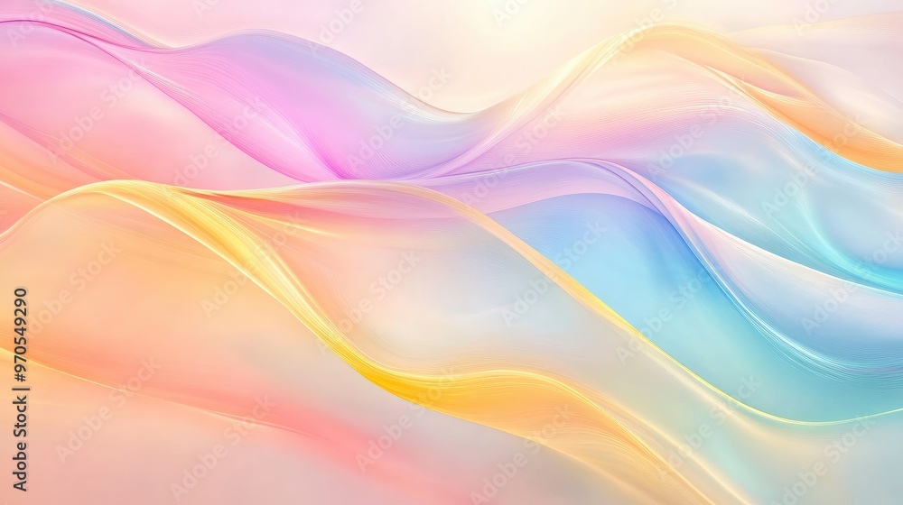 Poster beautiful swirling rainbow color waves flowing elegantly across a soft pastel backdrop, creating a d