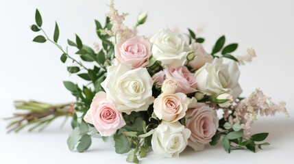 delicate arrangement of white and pink roses intertwined with greenery.