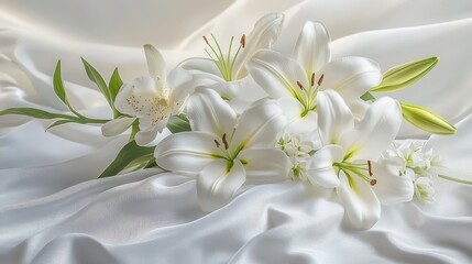 delicate arrangement of white lilies and orchids.