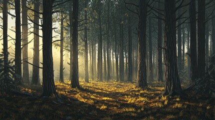 Obraz premium dense pine forest with towering trees and a carpet of fallen needles.