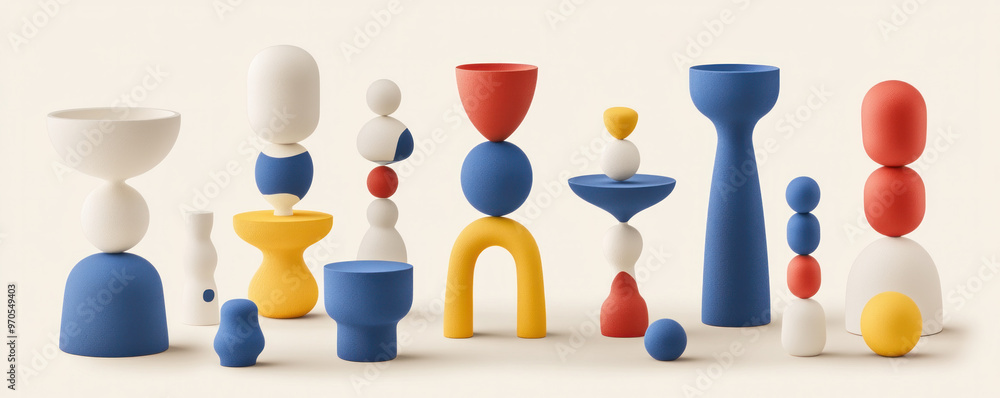 Poster a collection of colorful, abstract sculptures made of clay. the sculptures are arranged in a row, wi