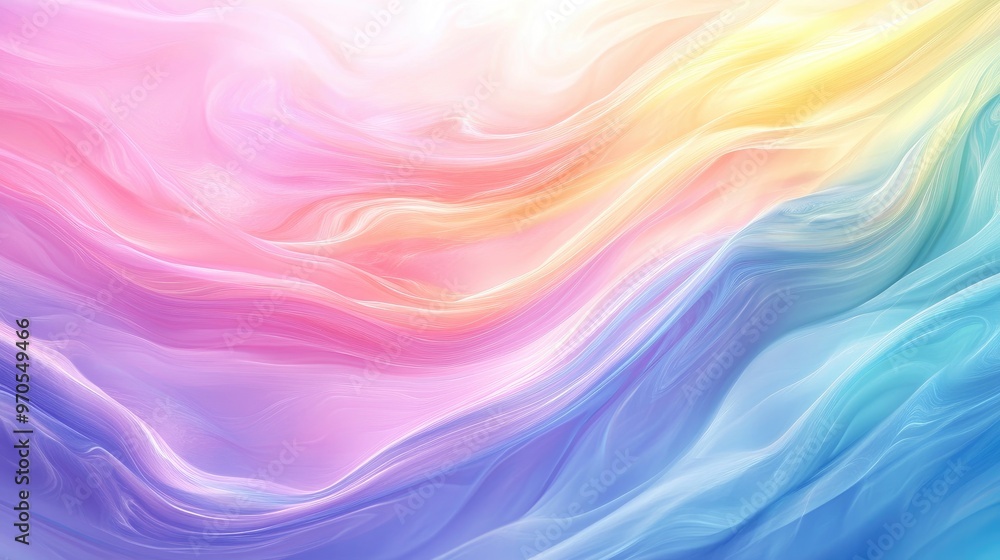 Poster beautiful swirling rainbow-colored waves blending into a soft pastel background, creating a dynamic 