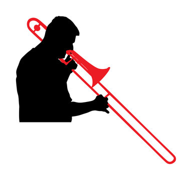 recommend clip art: Trombone player vector silhouette illustration isolated. Music man play wind instrument. Artist jazz man. Bugler street performer. Boy musician play trumpet. Public entertainment. Classic music event.