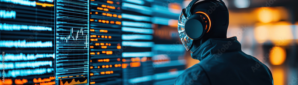 Poster robot analyzing crypto blockchains for investment opportunities, crypto ai, robot trading in decentr