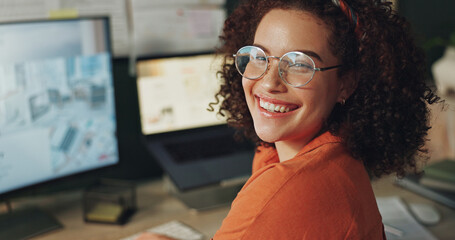 Business woman, portrait and computer in home office for research, hybrid work and positive mood....