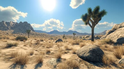 A stark desert landscape with scattered boulders and a lone Joshua tree under a bright midday sun.