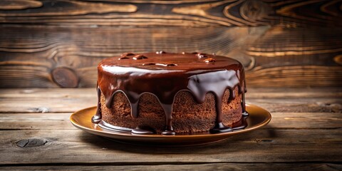 A mouth-watering chocolate cake with glossy glaze on rustic wooden table