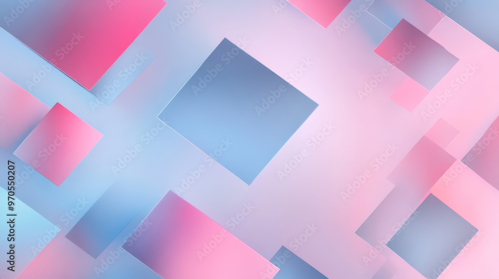 Poster a soft pink and blue background with geometric shapes. it has a blurry, rectangular design and can b