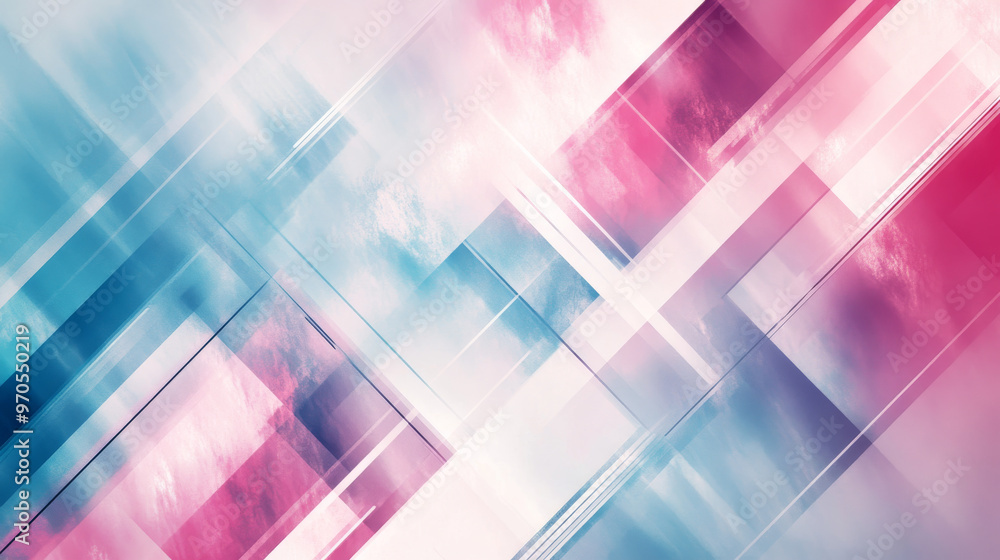 Poster a soft pink and blue background with geometric shapes. it has a blurry, rectangular design and can b