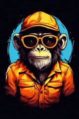 the AI Image Generator, Serious Chimpanzee in Red Firefighter Gear and Yellow Helmet
