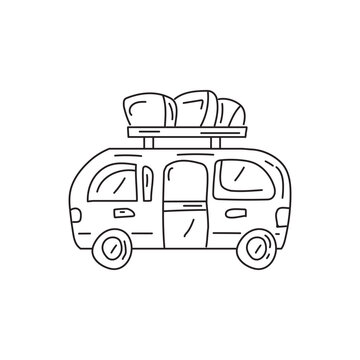 recommend clip art: Hand drawn doodle of a van or campervan with luggage on the roof.