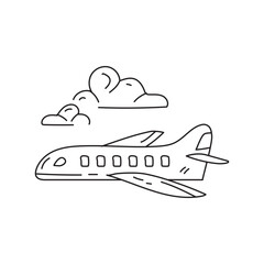 Simple black and white hand drawn illustration of an airplane flying in the sky with clouds.
