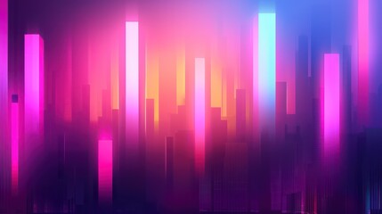 A vibrant, abstract cityscape featuring tall, illuminated structures in shades of pink, blue, and purple.